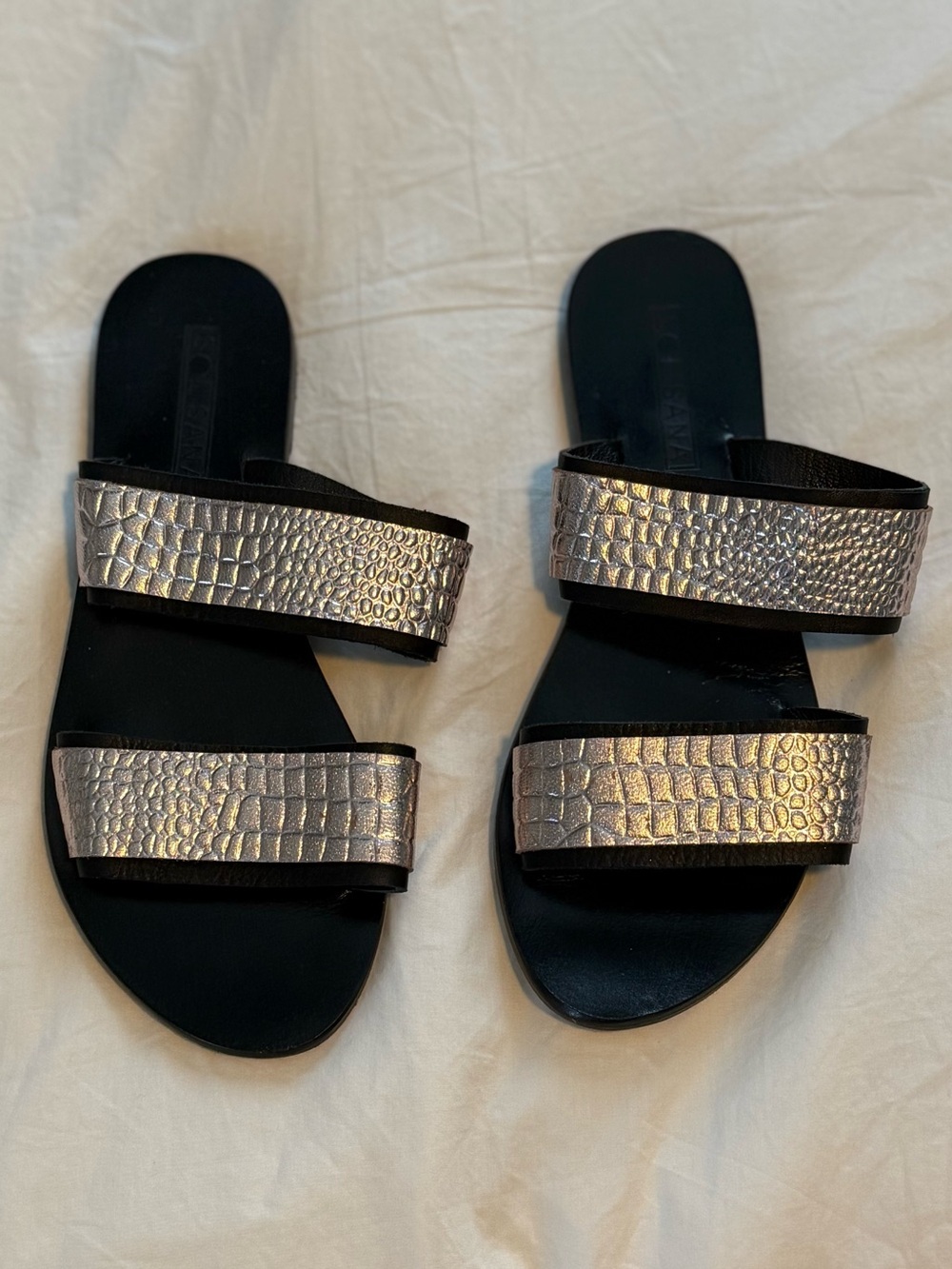 Sol Sana Metallic Croc-Embossed Double Strap Slide Sandals
